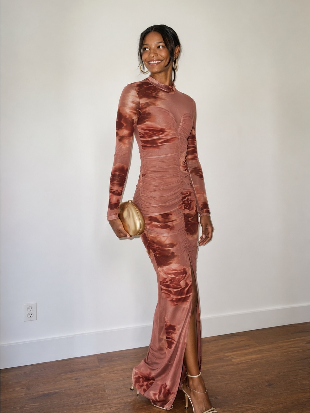 Black Halo Rose Brown Tie-Dye Ruched Long-Sleeve Maxi Dress
